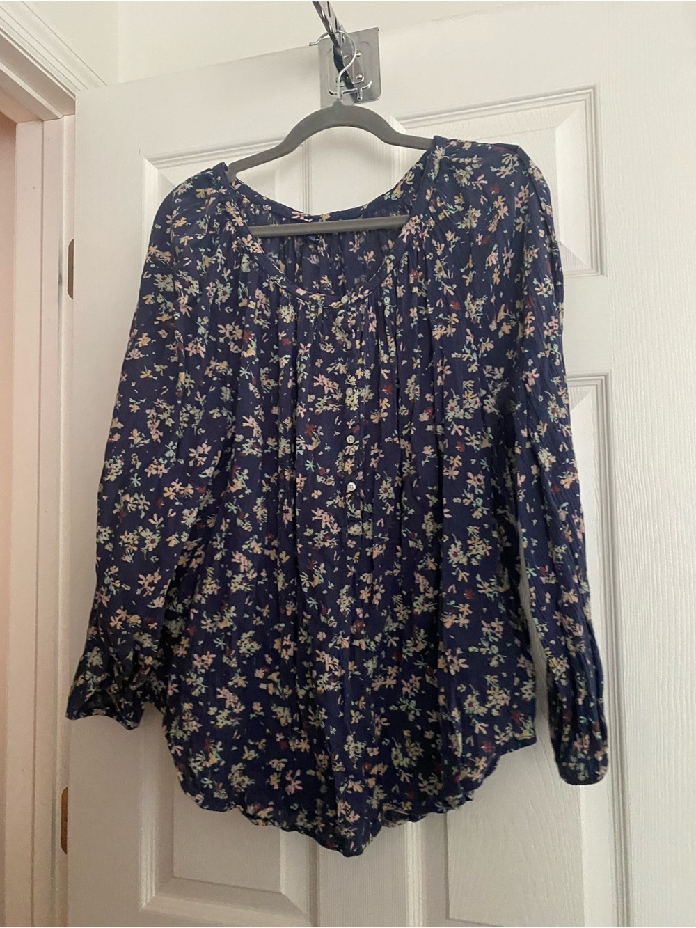 Chaps Navy Blue Floral Peasant Blouse- Large